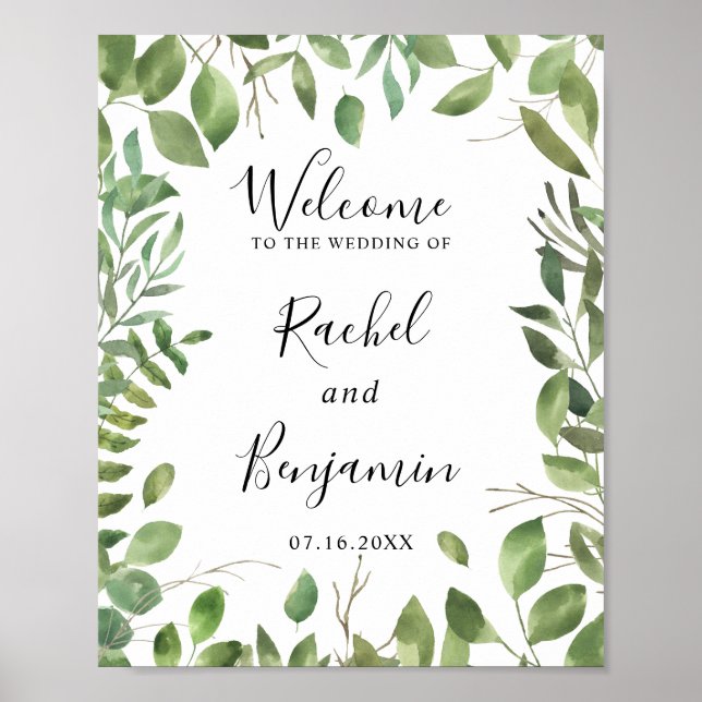 Poster Aquarelle Feuille verte Bordure Accueil Mariage Ch (Devant)