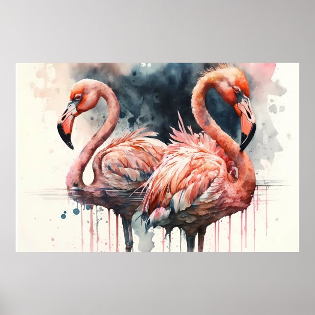 Poster Aquarelle Flamants roses rose Tropical (Devant)