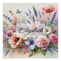 Aquarelle fleurie estivale rose lavande pavot