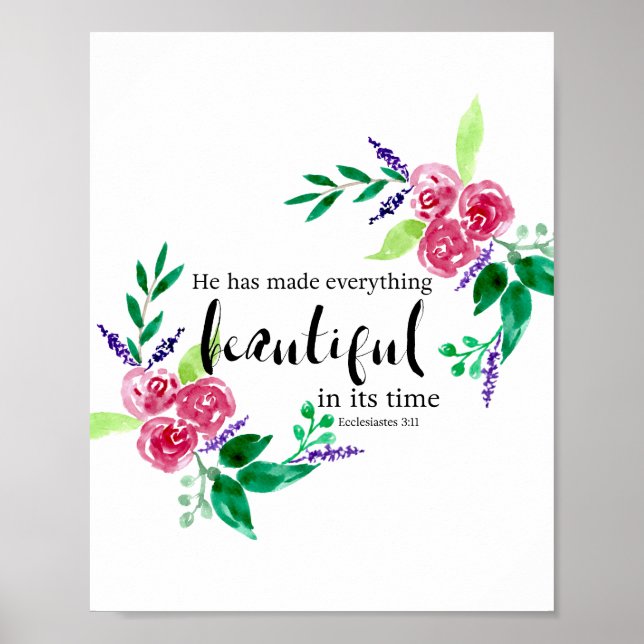 Poster Aquarelle Fleurs Bible Citation Calligraphie Chic (Devant)