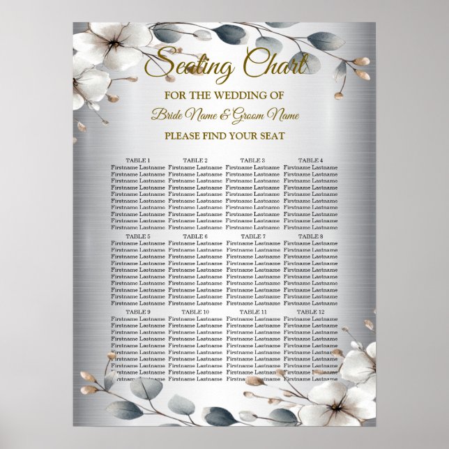 Poster Aquarelle Fleurs blanches Cadre doré Argent Turquo (Devant)