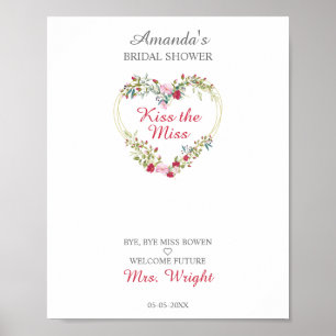 Poster Aquarelle Fleurs Coeur avec Feuilles en rose et ro
