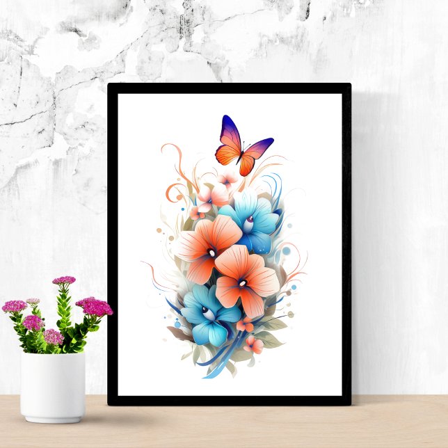 Poster Aquarelle Fleurs Florales Papillons Bleu Orange (Blue orange floral butterfly watercolor poster print. Printed or Instant digital download)