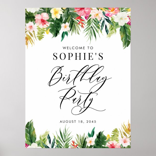 Poster Aquarelle Fleurs tropicales Accueil de fête d'anni (Devant)