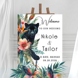 Poster Aquarelle Fleurs Tropicales Et Accueil Jaguar