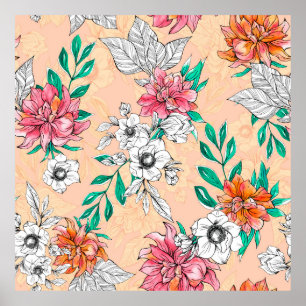Poster Aquarelle fleurs tropicales, sans soudure, pa roma