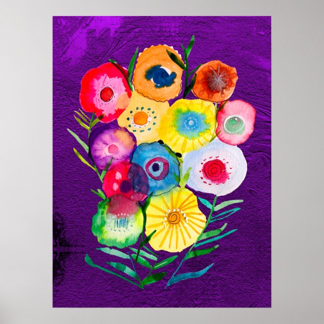 Poster Aquarelle fleurs violettes fleuries florales (Devant)