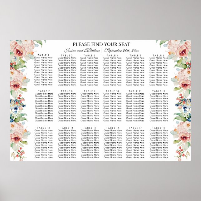 Poster Aquarelle Floral 18 Tables Siège Mariage (Devant)