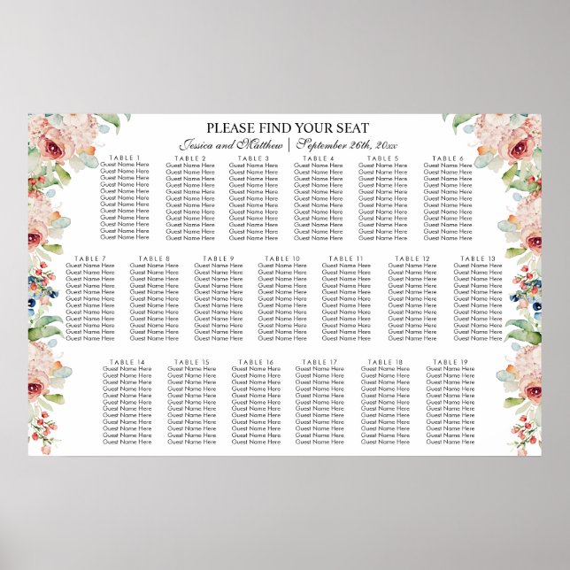 Poster Aquarelle Floral 19 Tables Siège Mariage (Devant)