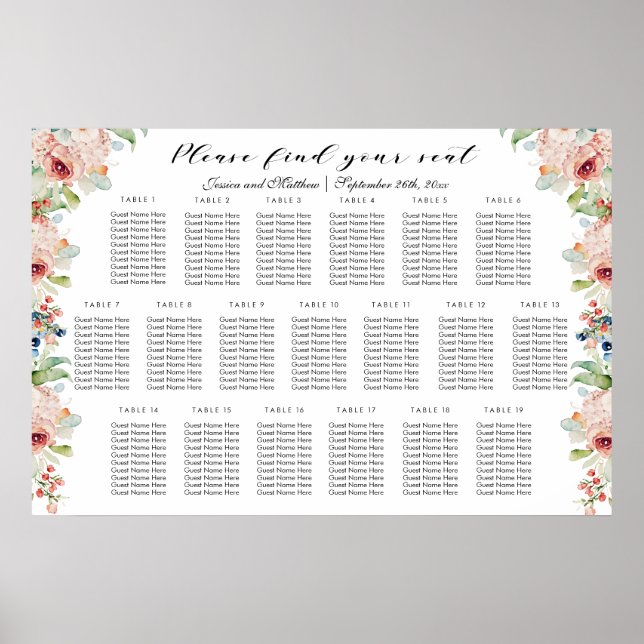 Poster Aquarelle Floral 19 Tables Siège Mariage (Devant)