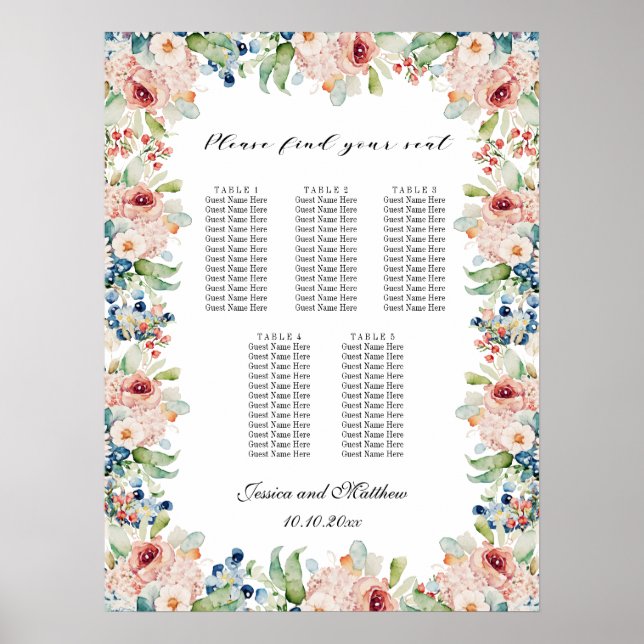 Poster Aquarelle Floral 5 Tables Siège Mariage (Devant)