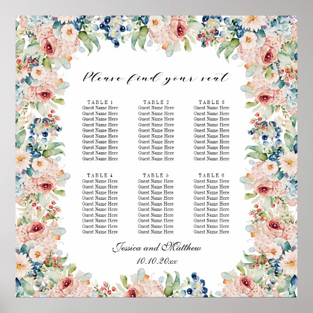 Poster Aquarelle Floral 6 Tables Siège Mariage (Devant)