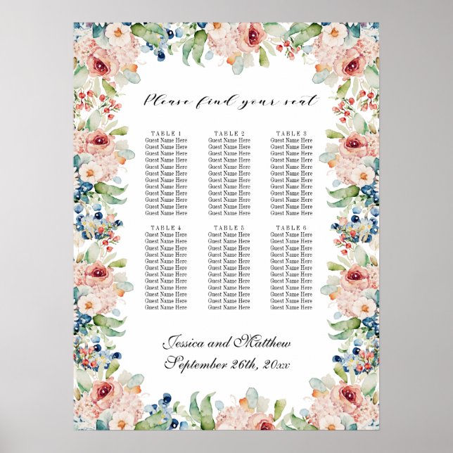 Poster Aquarelle Floral 6 Tables Siège Mariage (Devant)