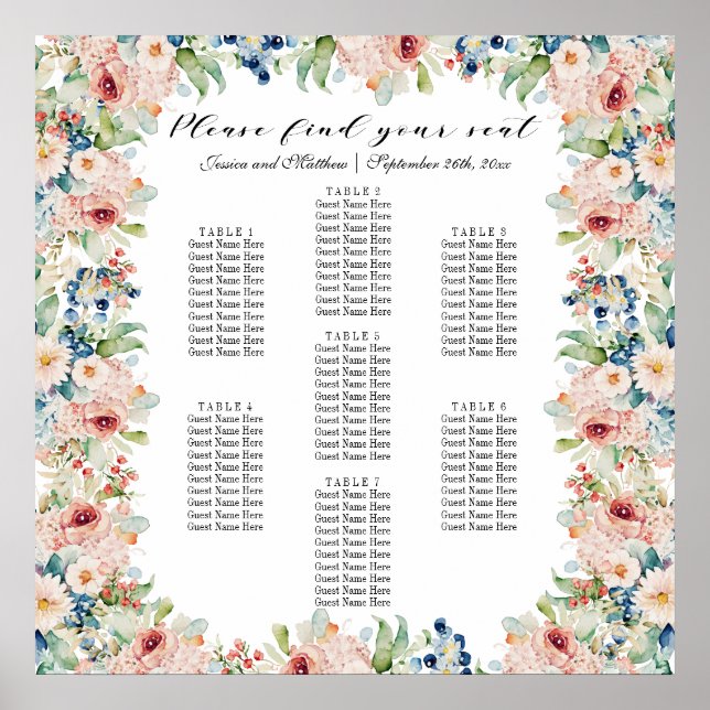 Poster Aquarelle Floral 7 Tables Siège Mariage (Devant)