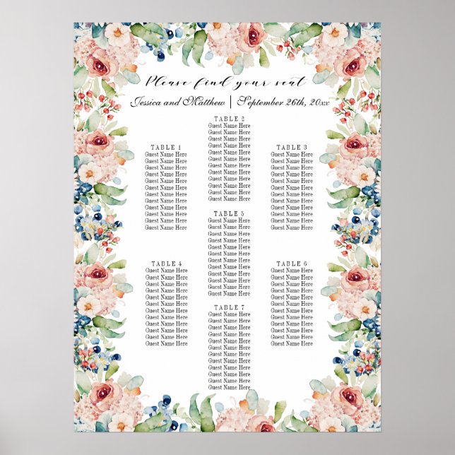 Poster Aquarelle Floral 7 Tables Siège Mariage (Devant)