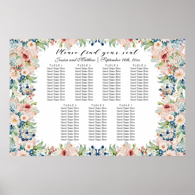 Poster Aquarelle Floral 7 Tables Siège Mariage (Devant)