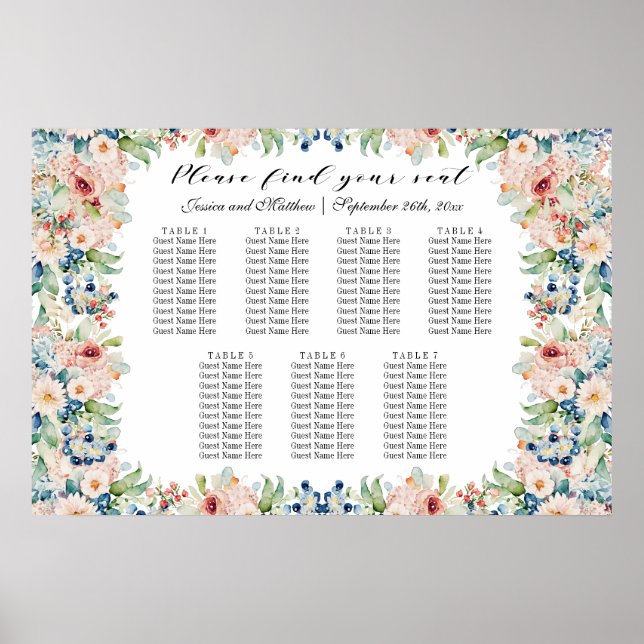 Poster Aquarelle Floral 7 Tables Siège Mariage (Devant)