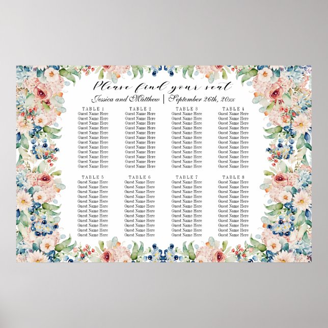 Poster Aquarelle Floral 8 Tables Siège Mariage (Devant)