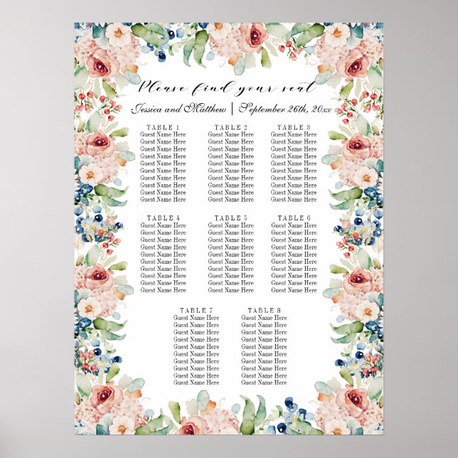 Poster Aquarelle Floral 8 Tables Siège Mariage (Devant)