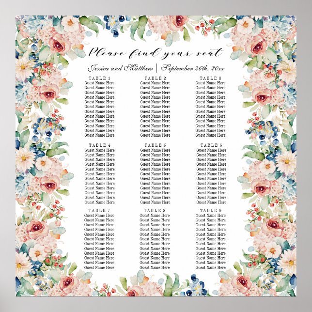 Poster Aquarelle Floral 9 Tables Siège Mariage (Devant)