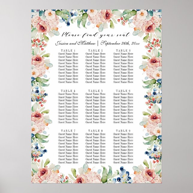 Poster Aquarelle Floral 9 Tables Siège Mariage (Devant)
