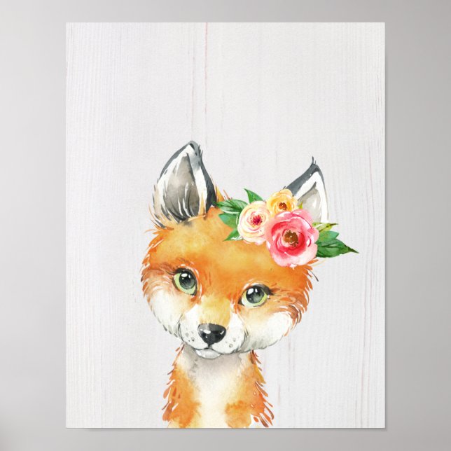 Poster Aquarelle Floral Baby Fox, Bois Animaux (Devant)