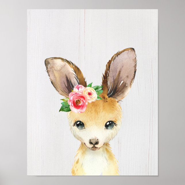Poster Aquarelle Floral Baby Kangaroo Animaux australiens (Devant)