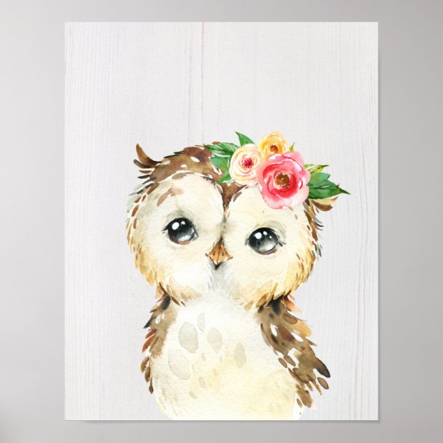 Poster Aquarelle Floral Baby Owl (Devant)