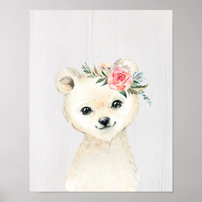 Poster Aquarelle Floral Bébé Ours Polaire Animaux neigeux (Devant)