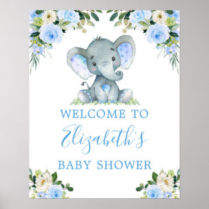 Poster Aquarelle Floral Blue Elephant Baby shower