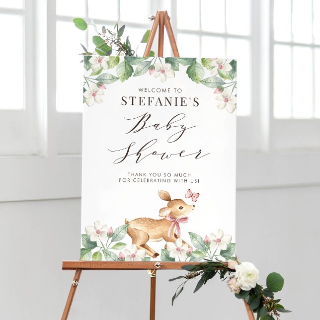 Poster Aquarelle Floral Bois Baby shower de cerfs (Créateur téléchargé)