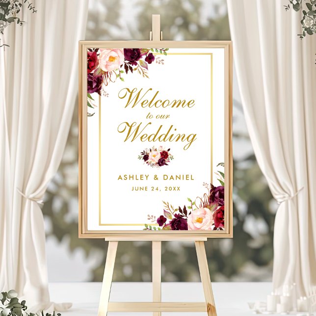 Poster Aquarelle Floral Bourgogne Gold Mariage Bienvenue (Customize to change text color, text size, text style or size of poster.)