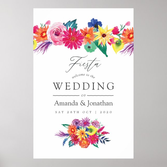 Poster Aquarelle Floral Fiesta Mariage Bienvenue (Devant)