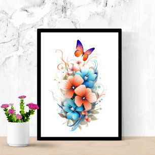 Poster Aquarelle Floral Fleurs Papillons Bleu Orange