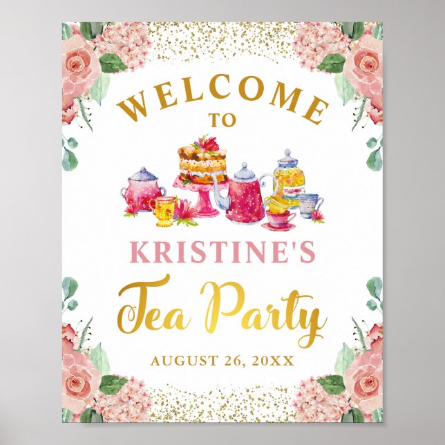 Poster Aquarelle Floral Gold Parties scintillant Tea Part (Devant)