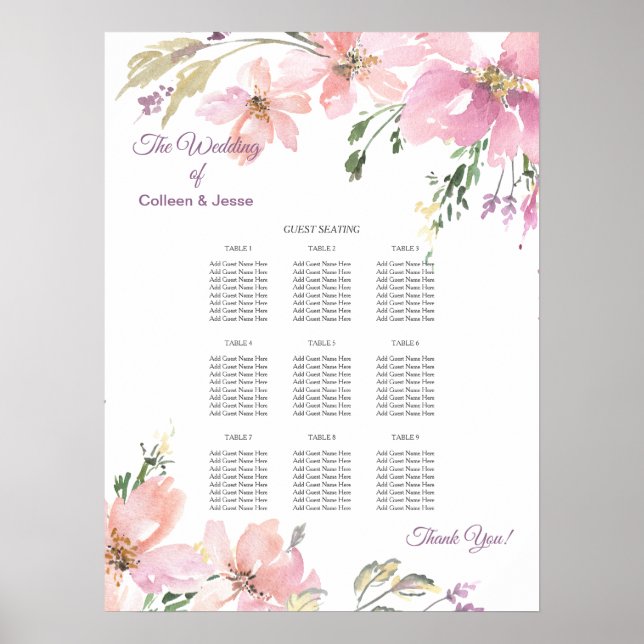 Poster Aquarelle Floral Mariage Diner Carte de siège (Devant)