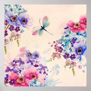 Poster Aquarelle Floral Papillon Parties scintillant de j