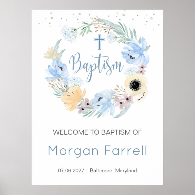 Poster Aquarelle Floral Pêche Bleu bienvenue Baptême (Devant)