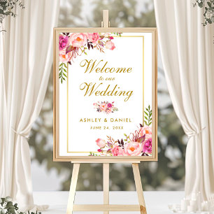 Poster Aquarelle Floral Rose Blush Gold Mariage Bienvenue