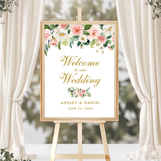 Poster Aquarelle Floral Rose Blush Mariage Welcome Gold (Customize to change text color, text size, text style or size of poster.)