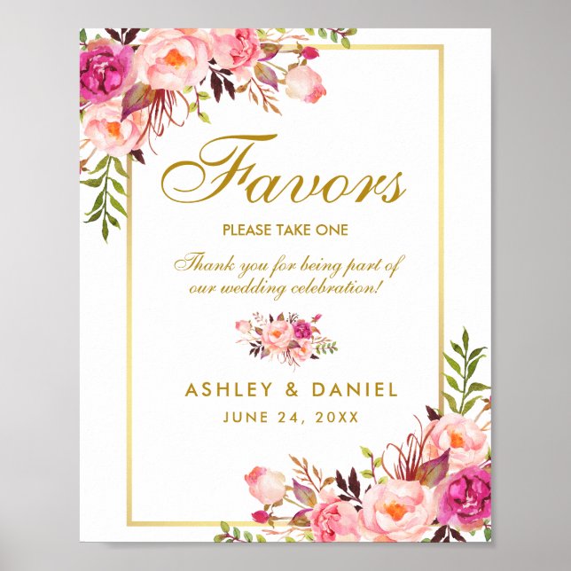 Poster Aquarelle Floral Rose Gold Wedding Faveurs (Devant)