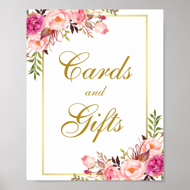 Poster Aquarelle Floral rose Or Cartes de mariage Cadeaux (Devant)