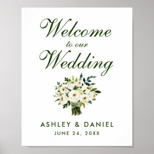 Poster Aquarelle Floral Vert Bouquet Mariage Bienvenue