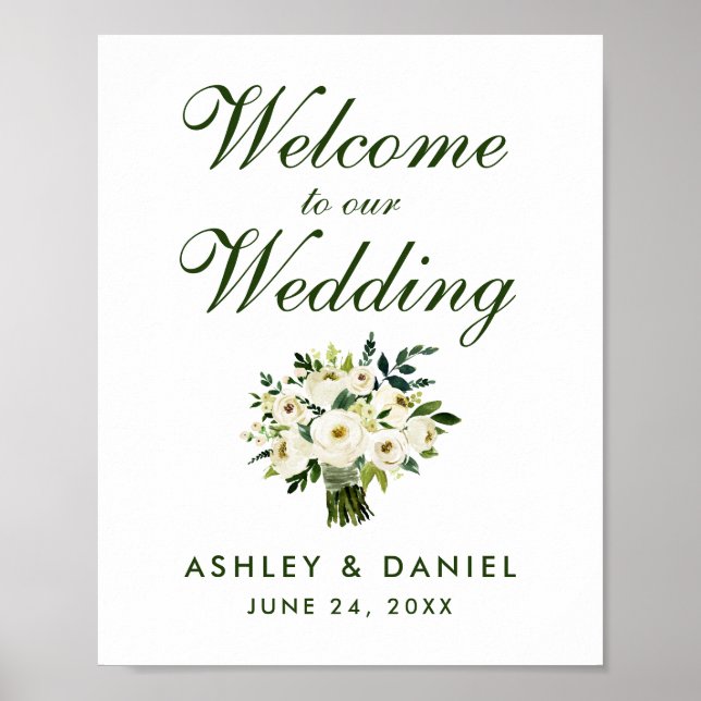 Poster Aquarelle Floral Vert Bouquet Mariage Bienvenue (Devant)