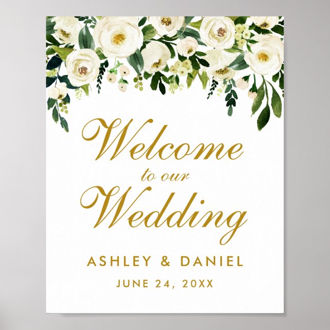 Poster Aquarelle Floral Vert or Mariage Bienvenue (Devant)
