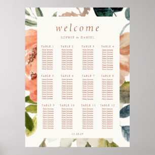 Poster Aquarelle florale 12 Table Mariage ivoire