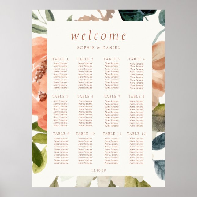 Poster Aquarelle florale 12 Table Mariage ivoire (Devant)