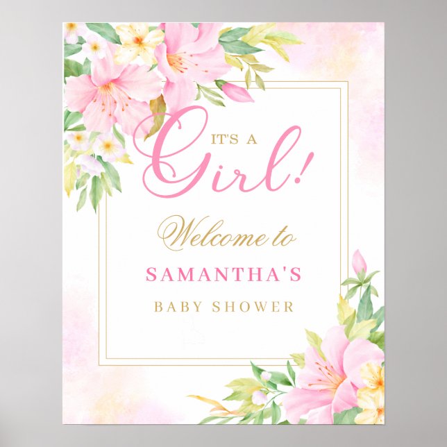 Poster Aquarelle Florale Baby shower rose pâle Bienvenue (Devant)