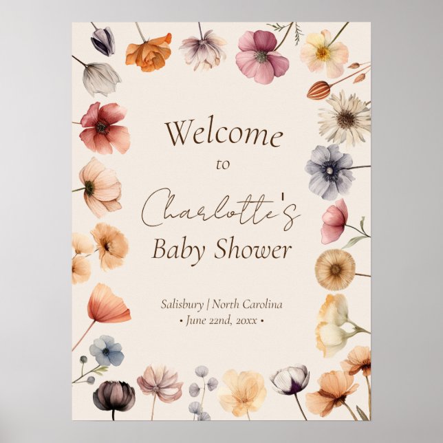 Poster Aquarelle Florale Beige Baby shower Accueil (Devant)