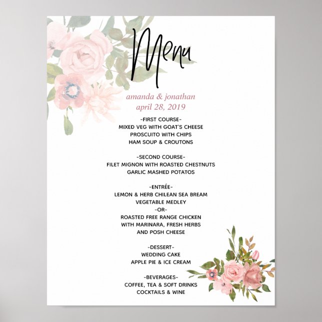 Poster Aquarelle florale Blush et Rose Gold Mariage Menu (Devant)